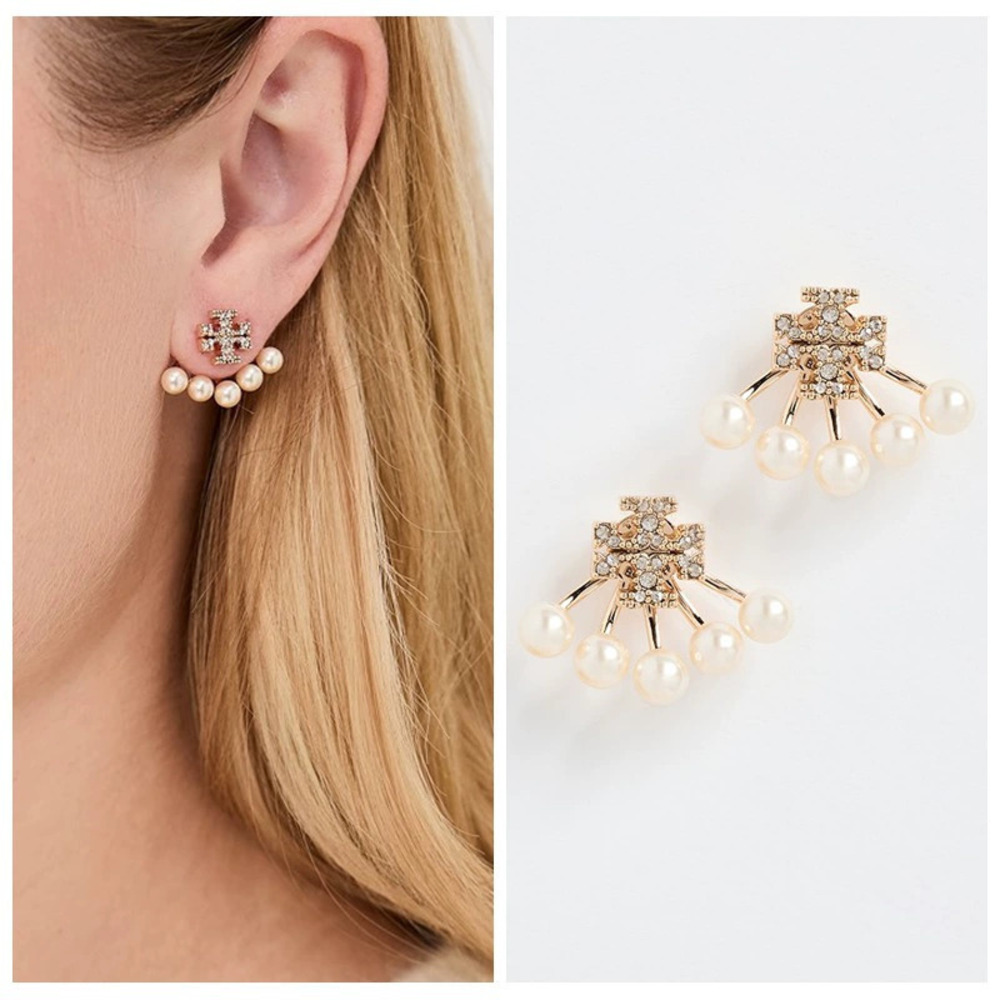 Tory Burch Gold White Crystal Pearl Front Back Stud Earrings